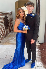 Blue Sequin Keyhole Straps Mermaid Long Prom Dress with Slit