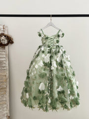 Princesse 3D broderie florale vert Tulle longueur de plancher robe de fille de fleur de mariage