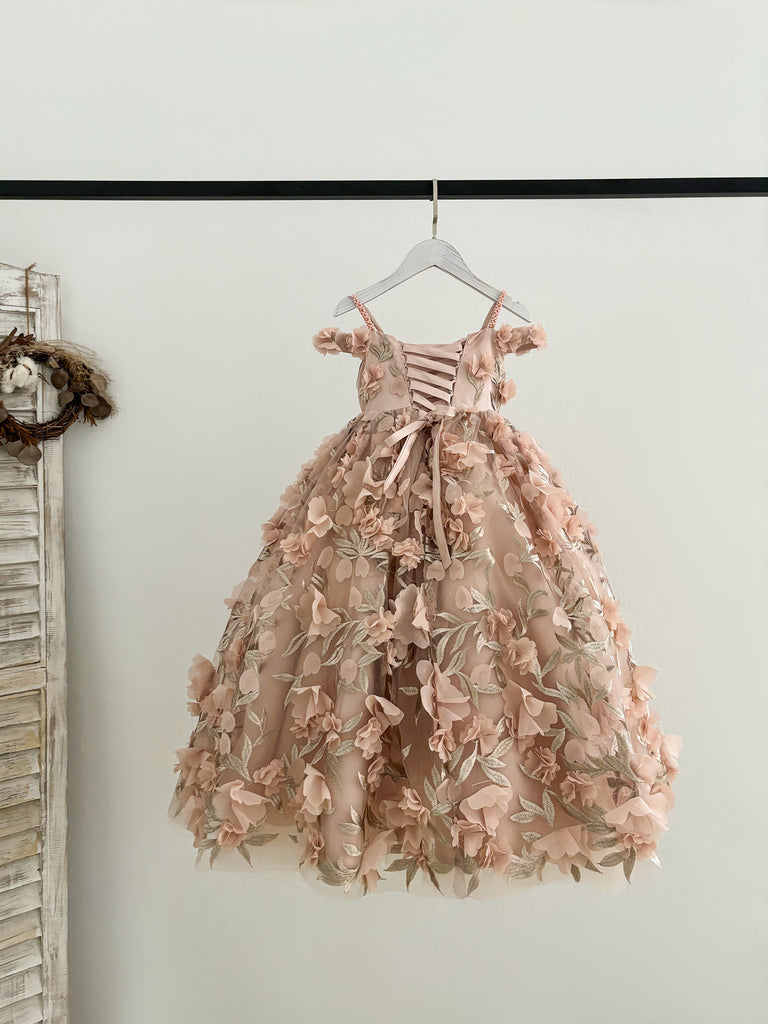 3D Floral Pink Lace Tulle Long Wedding Flower Girl Dress Couture Gown
