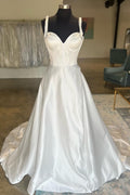 White Satin Sweetheart Bow-Strap A-Line Long Court Wedding Dress
