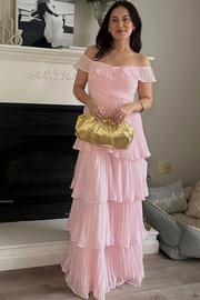 Off-Shoulder A-Line Pleated Empire-Waist Ruffles Long Formal Prom Dress