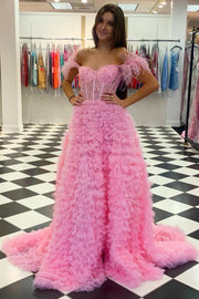 A-Line Sweet Pink Off-the-Shoulder Bustier Feather Prom Gown