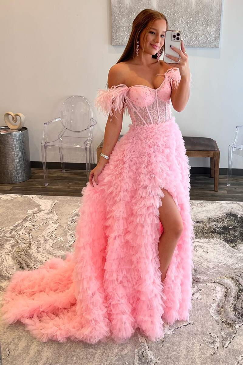 formal dresses with feathers A-line Sweetheart Pink Off Shoulder Slit Bustier Feather Prom Gown Say SPRING DRESS for Features visible internal structure audience-target Size:45,5