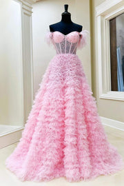 A-Line Sweet Pink Off-the-Shoulder Bustier Feather Prom Gown