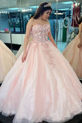 Pink 3D Floral Lace Strapless Sweetheart Ball Gown Quinceanera Dress