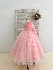 Ballkleid, einschultriges, drapiertes rosafarbenes Tüll-Hochzeits-Blumenmädchenkleid