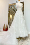 White Floral Lace Strapless Sweetheart Long Sweep Wedding Dress
