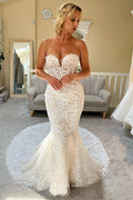 Ivory Lace Strapless Trumpet Long Court Wedding Dress, Buttons