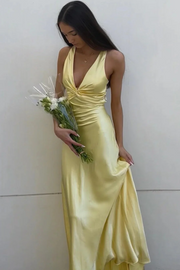 Halter V-Neck Pleated Satin Sleeveless Long Prom Party Dress