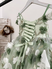 الأميرة 3D الأزهار التطريز الأخضر تول الطابق طول فستان الزفاف زهرة فتاة