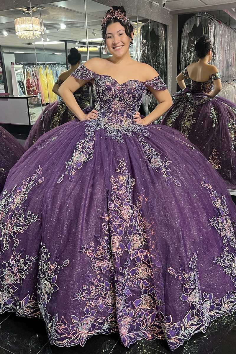 purple and gold quince dress Floral Lace Off Shoulder Sweetheart Ball Gown Quinceanera Strappy Asymmetrical Dropped Waist Sleeveless Back Color:Custom Color 1~17 OTHER: BLACK ORANGE YELLOW BROWN