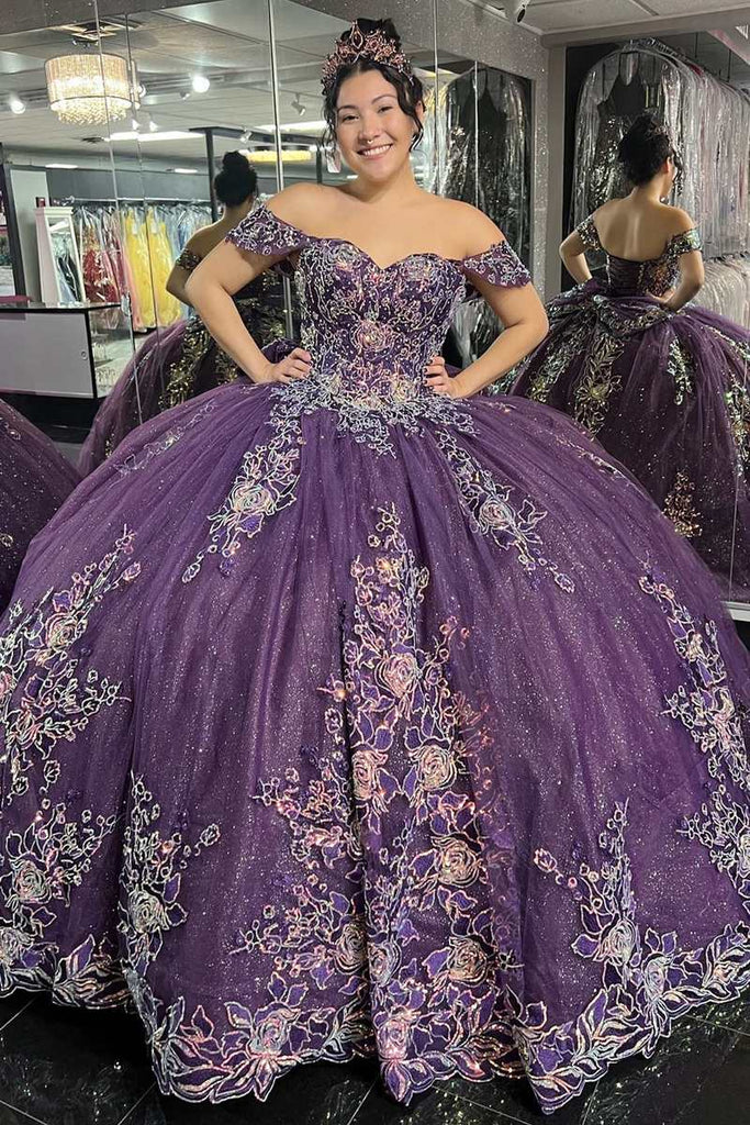 purple quince dresses off the shoulder Off Shoulder Cape Quinceanera Dress by House of Wu 26079 00 / Lilac Multi