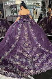 Purple Floral Lace Off-the-Shoulder Gown