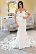 White Off Shoulder Scalloped Lace Mermaid Long Wedding Dress