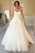 A-Line White Tulle Scoop Neck Strapless Long Sweep Wedding Dress