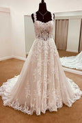 Ivory Lace Tulle Sweetheart Straps A-Line Long Bridal Gown