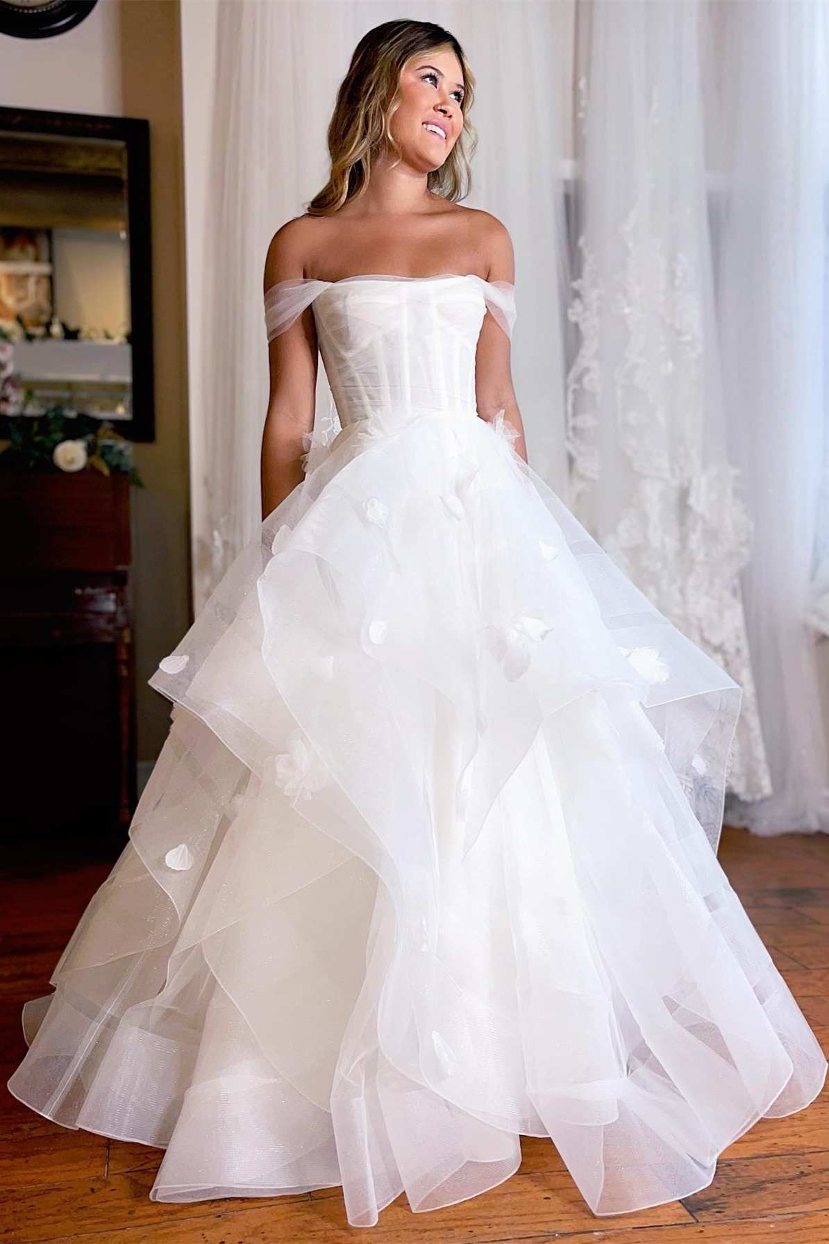 White Tulle Off Shoulder Tiered A-Line Long Wedding Dress, Flowers
