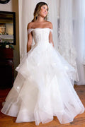 White Tulle Off Shoulder Tiered A-Line Long Wedding Dress, Flowers