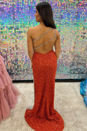 One-Shoulder Sequin Rhinestone Keyhole Long Dress with Slit