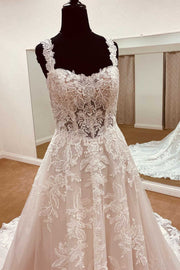 White Lace Sweetheart Straps A-Line Long Bridal Gown