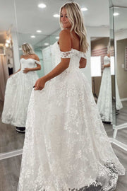 White Floral Lace Off-the-Shoulder A-Line Gown