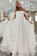 White Floral Lace Off Shoulder Sweetheart A-Line Bridal Gown