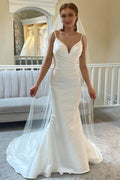 Trumpet Spaghetti Strap Ivory Satin V Back Long Wedding Dress, Buttons