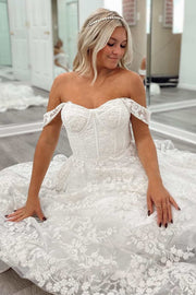 White Floral Lace Off-the-Shoulder A-Line Gown