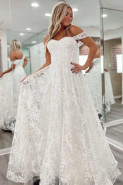 White Floral Lace Off-the-Shoulder A-Line Gown