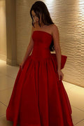 A-Line Strapless Pleated Red Satin Formal Evening Prom Dress, Bow