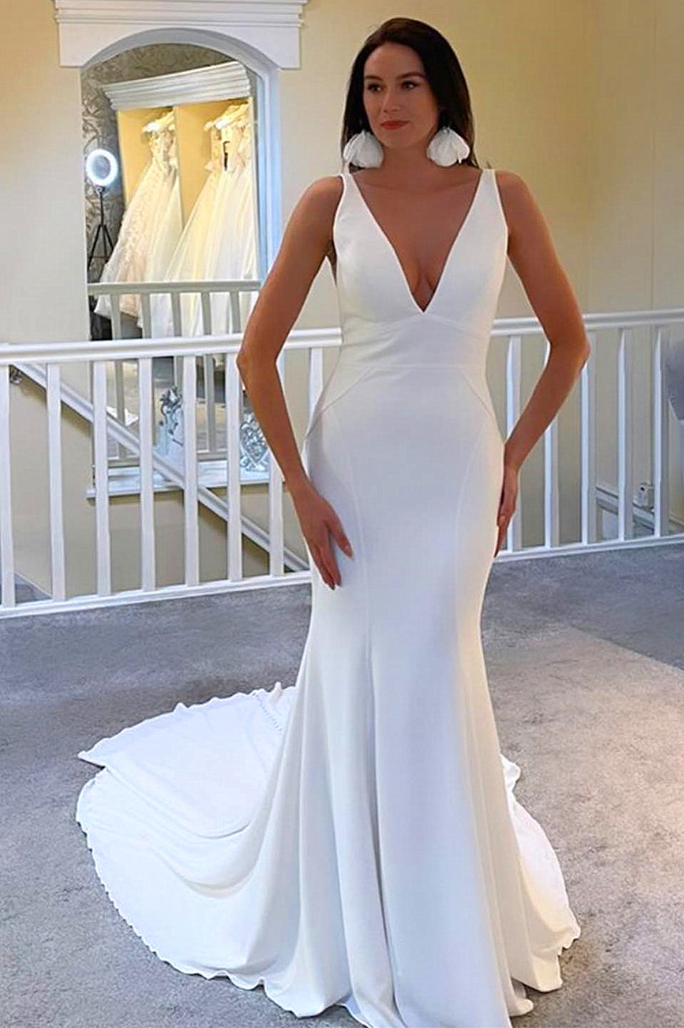 Mermaid Ivory Plunge V Open Back Sleeveless Long Wedding Dress