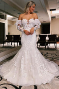 White Floral Lace Tulle Trumpet Wedding Dress with Detachable Sleeves