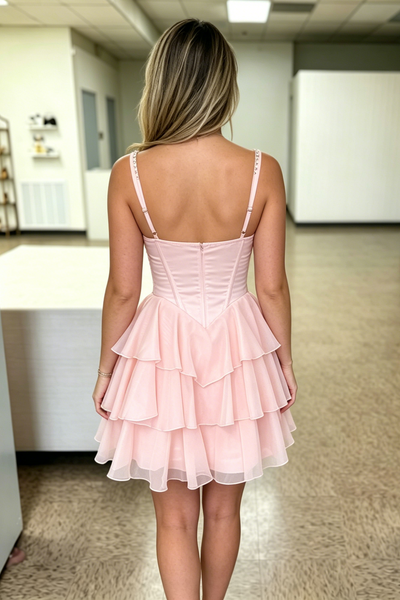 A-Line Square Neck Empire-Waist Ruffles Chiffon Short Dress