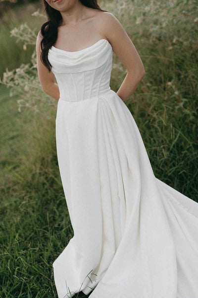 A-Line Strapless Pleated Long Beach Wedding Dress