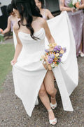 A-Line Strapless Pleated Button Back Long Court Wedding Dress, Slit