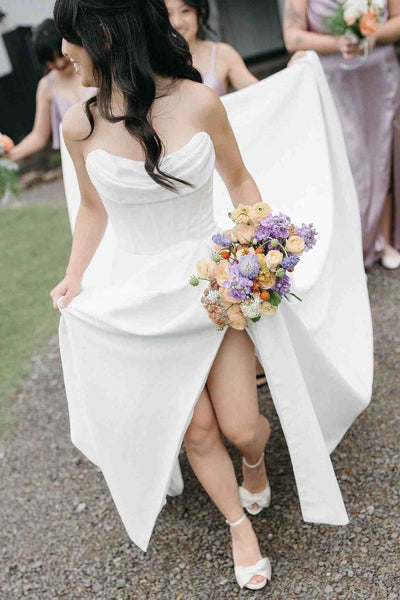 A-Line Strapless Pleated Long Beach Wedding Dress