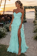 A-Line Strapless Sweetheart Ruffles Empire-Waist Long Prom Dress, Slit