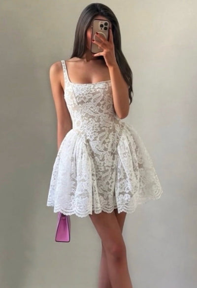 A-Line Straps Square Empire-Waist Lace Short Homecoming Dress