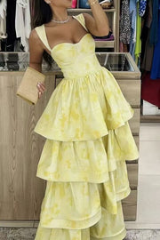 A-Line Yellow Printing Tiered Sleeveless Long Prom Formal Dress