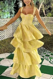 A-Line Yellow Printing Tiered Sleeveless Long Prom Formal Dress