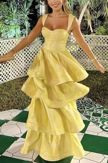 A-Line Yellow Printing Tiered Sleeveless Long Prom Formal Dress