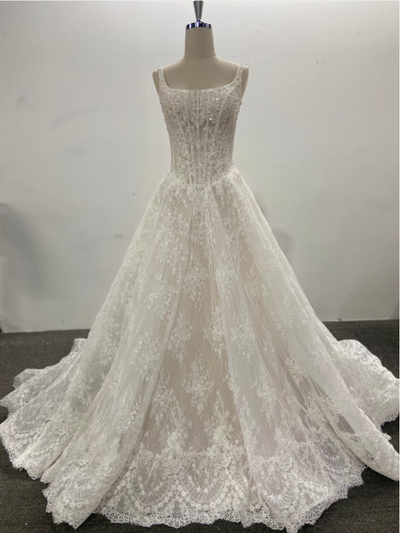 Beaded A-line Lace Wedding Dress Scoop Neck Sleeveless Ivory In Stock