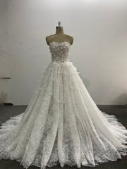 Lace Ball Gown Wedding Dress Strapless 3D Floral Appliques Corset Back