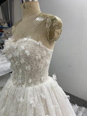 Lace Ball Gown Wedding Dress Strapless 3D Floral Appliques Corset Back