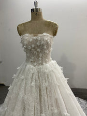 Lace Ball Gown Wedding Dress Strapless 3D Floral Appliques Corset Back