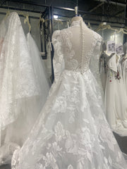 3D Floral Lace Wedding Dress Long Sleeve A-Line Sheer Back Chapel Train