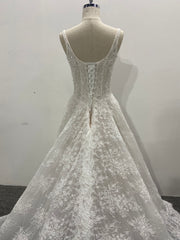 Lace A Line Wedding Dress Square Neck Spaghetti Strap Beaded Corset Chapel Train