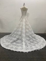 Lace A Line Wedding Dress Square Neck Spaghetti Strap Beaded Corset Chapel Train