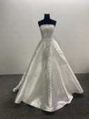 Strapless Satin Wedding Dress Beaded Lace Appliques Pleated Court