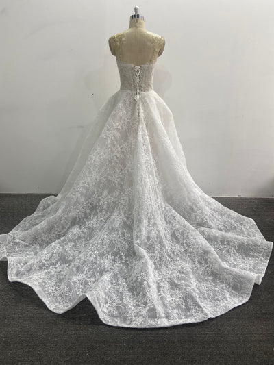 A-Line Lace Wedding Dress Strapless Sheer Bodice Floral Embroidery Lace-Up Corset